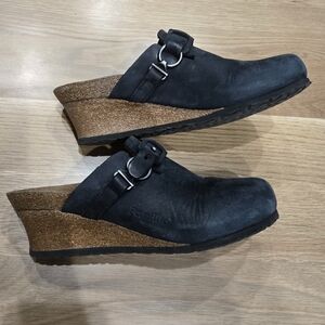 Papillio Black Leather Mules with Cork Wedge